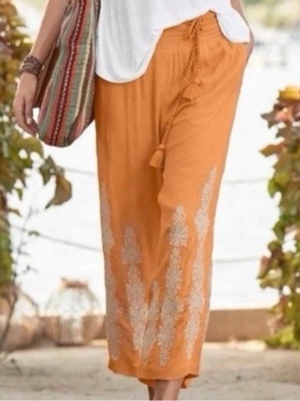 Sundance Orange embroidered flowy tie waist lightweight pants size S